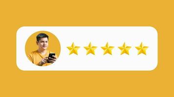 customer satisfaction survey concept, happy satisfied customers give 5 star review, service experience rating, online application Satisfaction Review Best quality. photo