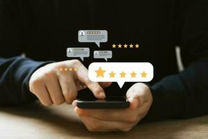 Discover user ratings feedback on mobile apps. Evaluate service quality reputation. Captivating customer satisfaction concept. photo