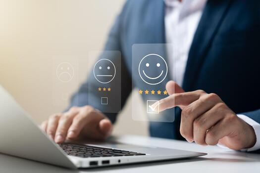 User give rating to service experience on online application, Customer review satisfaction feedback survey concept, Customer can evaluate quality of service leading to reputation ranking of business. photo