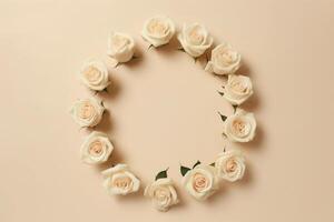 Top view of beautiful roses arranged on a minimal background, photo