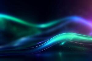Abstract futuristic background with green blue glowing wave lines and bokeh lights, photo