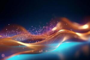 Abstract futuristic background with Gold blue glowing wave lines and bokeh lights, photo