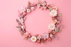 Abstract natural floral frame layout with copy space, different small flowers in a wreath on pink background with copy space, Generative AI photo