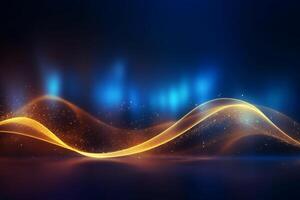 Abstract futuristic background with Gold blue glowing wave lines and bokeh lights, photo