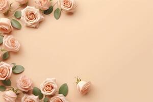 Top view of beautiful roses arranged on a minimal background, photo