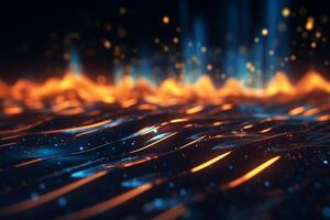 Abstract futuristic background with Gold blue glowing wave lines and bokeh lights, photo