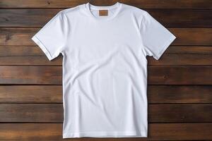 Blank white t-shirt mockup on wooden background, Generative AI photo