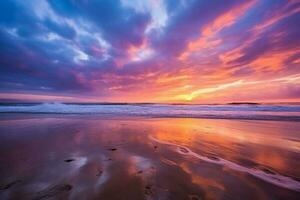 Beautiful sunset sky and ocean beach, Generative AI photo
