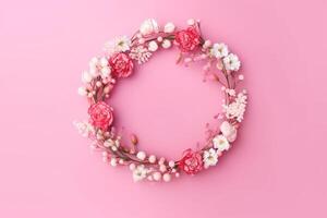 Abstract natural floral frame layout with copy space, different small flowers in a wreath on pink background with copy space, photo
