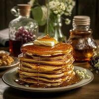 Honey drips on a stack of pancakes in a plate on a wooden table. Blurred background. Plate with mouthwatering food. oncept of a healthy delicious snack . AI Generated photo