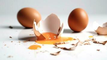 roto huevo cerca arriba en contra el antecedentes de dos todo huevos. blanco fondo, selectivo enfocar. ai generado. foto