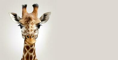 Close-up portrait of a giraffe's face on a light background. AI Generated photo