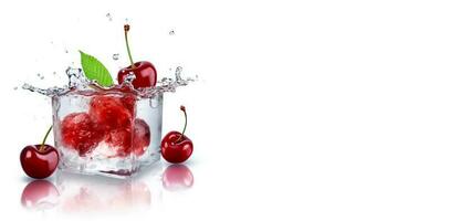 Sweet cherries inside ice cube. Water splash from fallind berries. Cherries are reflected on the glossy surface. Original cherry composition. AI generated photo