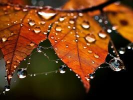 Rocío gotas en el telaraña. otoño hojas después lluvia con selectivo fokus Bokeh. generativo ai foto