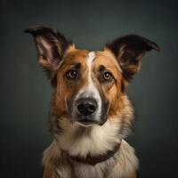 cerca arriba retrato de rojo y negro mezclado raza perro sentado en el estudio, mirando a cámara en gris antecedentes. generativo ai foto