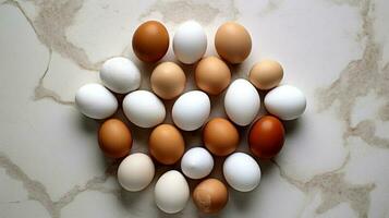 Eggs on white marble floor, view from above. Egg background. White and brown chicken eggs. Groupe of eggs. AI generated photo