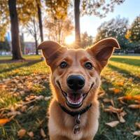 Red happy dog close-up in autumn park at dawn. Smooth. Smiling joyful dog for a walk. photo