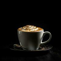 un taza de capuchino en un mesa. café en un negro fondo, elegante diseño. ai generado foto