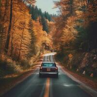 Colorful autumn colors and a retro car on the mountain road. Way to the pass, Carpathians, Europe. Autumn retro background. AI Generated photo