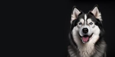 Alaskan Malamute studio portrait on a black background with space for text. A large gray smiling dog with blue eyes. Cute face with a smart look. Generative AI photo