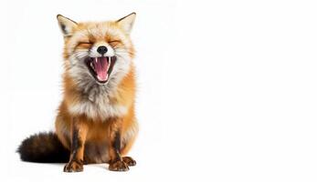 Yawning red fox isolated on white background. Vulpes. Funny arctic fox on white with space for text. photo