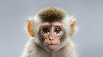 Portrait of Rhesus macaque Macaca mulatta. Monkey isolated on a gray background. photo
