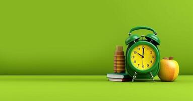 Green alarm clock, books and pencils. School background with space for your text. photo