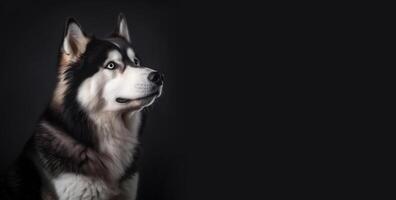 Alaskan malamute portrait on a gray background. Gray big dog on a dark background with space for text. Cute face with a smart look. Dog Food Advertisement. photo