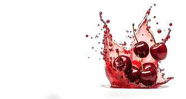 Dynamic picture of cherries flying into juice. Splashes of wine on white with space for text. Drops of moisture. photo