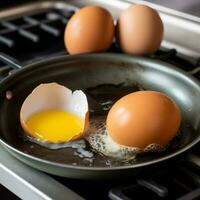 Broken chicken egg in a black frying pan. Failure in the kitchen. Cooking eggs for breakfast. Kitchen everyday life. AI generated photo