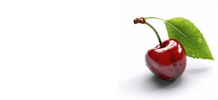 Red cherry in dew drops on a twig with a leaf isolated on white with space for text. Cherry background. photo