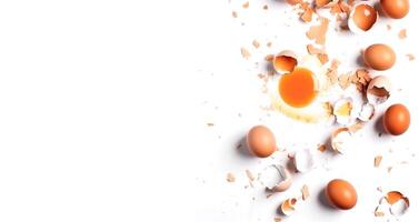 Broken raw eggs on a white background with space for text. Flat lay top view. Design for a clearing company. photo