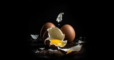 Broken and whole egg on a black background. A soft-boiled egg falls on a table and shatters into pieces. Original design idea for a cookbook. photo