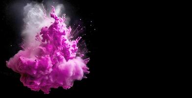 Cloud of pinkish-lilac color from exploding powder on a black background. Generative AI photo