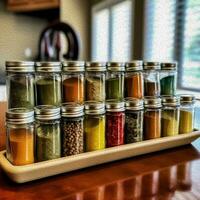 A set of crushed spices and herbs in jars on a wooden shelf on the table. Oil paint texture. AI generated. photo