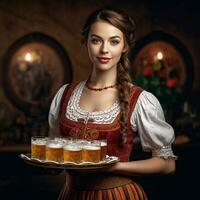 A beautiful waitress in a traditional dirndl holds a tray of light beer. Generative AI photo