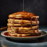 A stack of thick pancakes on a plate with honey dripping over them. Homemade pancakes on a black background. Plate with appetizing food. Background for postcards, covers, menus. AI generated photo