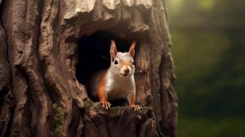 A cute squirrel peeks out of the hollow. AI Generated photo