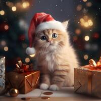 Merry Christmas. Cute fluffy cat in Santa hat. AI generated image photo