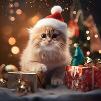 alegre Navidad. linda mullido gato en Papa Noel sombrero. ai generado imagen foto