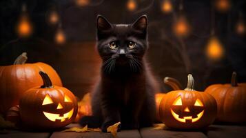 Halloween cute black cat and pumpkin lanterns. AI generated image photo