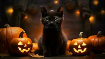 Halloween cute black cat and pumpkin lanterns. AI generated image photo