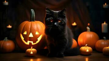 Halloween cute black cat and pumpkin lanterns. AI generated image photo