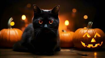 Halloween cute black cat and pumpkin lanterns. AI generated image photo