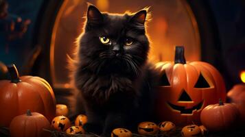 Halloween cute black cat and pumpkin lanterns. AI generated image photo