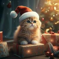 Merry Christmas. Cute fluffy cat in Santa hat. AI generated image photo