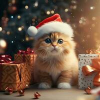 Merry Christmas. Cute fluffy cat in Santa hat. AI generated image photo