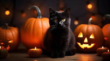 Halloween cute black cat and pumpkin lanterns. AI generated image photo