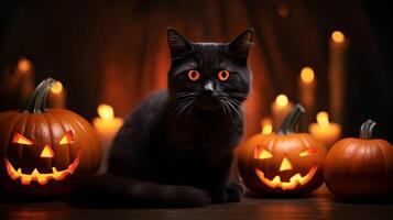 Halloween cute black cat and pumpkin lanterns. AI generated image photo