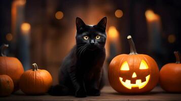 Halloween cute black cat and pumpkin lanterns. AI generated image photo